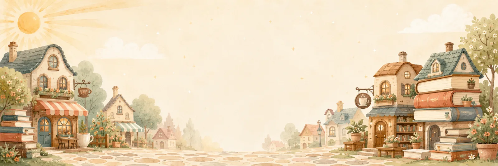 A cozy watercolor village of book shops and caf&eacute;s, in the sunshine