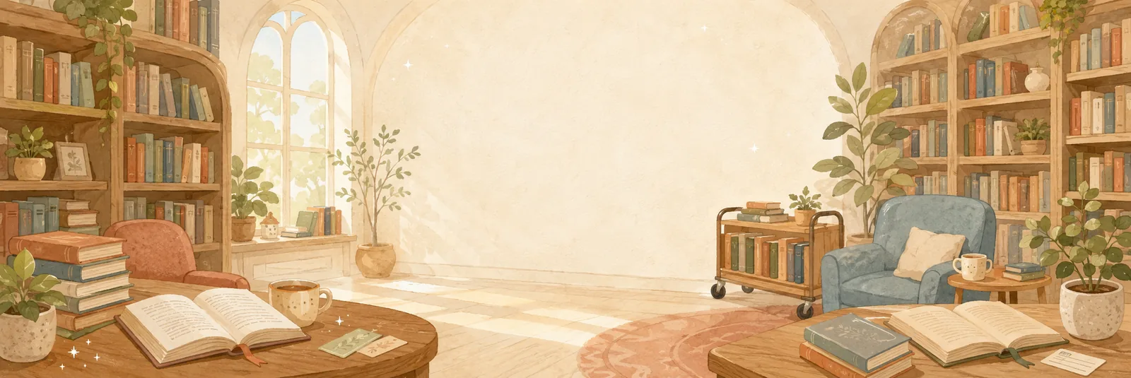 A bright watercolor library reading room with armchairs and tall bookshelves, in the sunshine